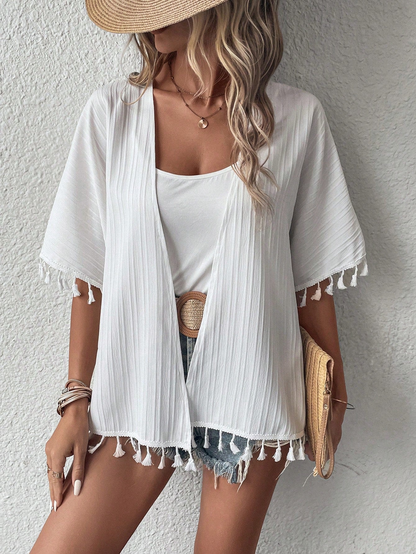 Tassel Trim Batwing Sleeve Kimono