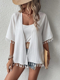 Tassel Trim Batwing Sleeve Kimono